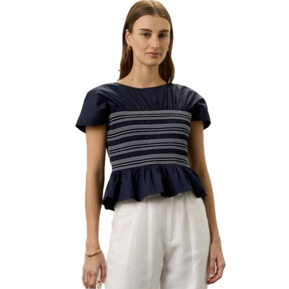 NEW PETER SAM Womens Ruffle Smocked Short Sleeve Blouse Navy Size 2